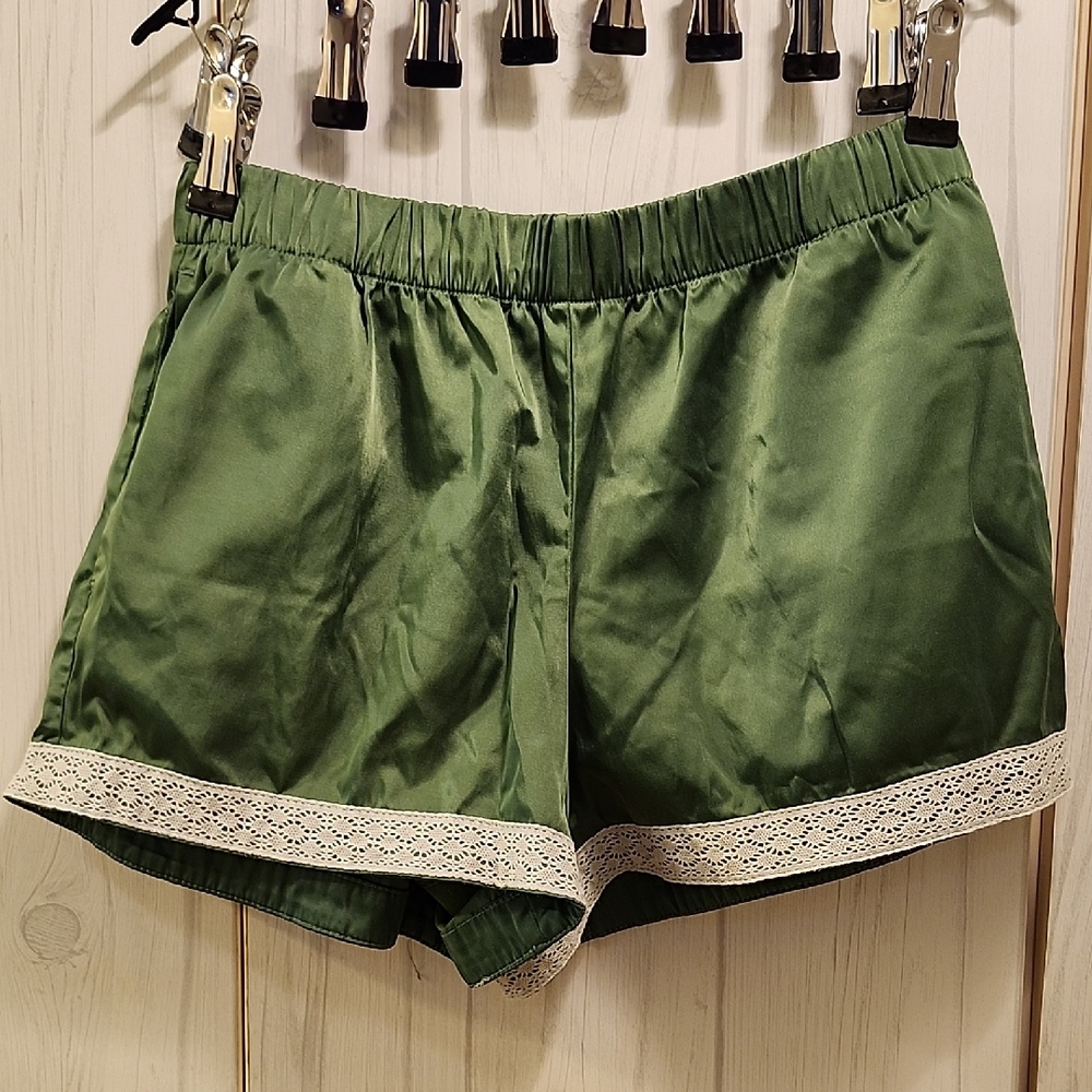 Zara Olive Satin Shorts with Lace Detail